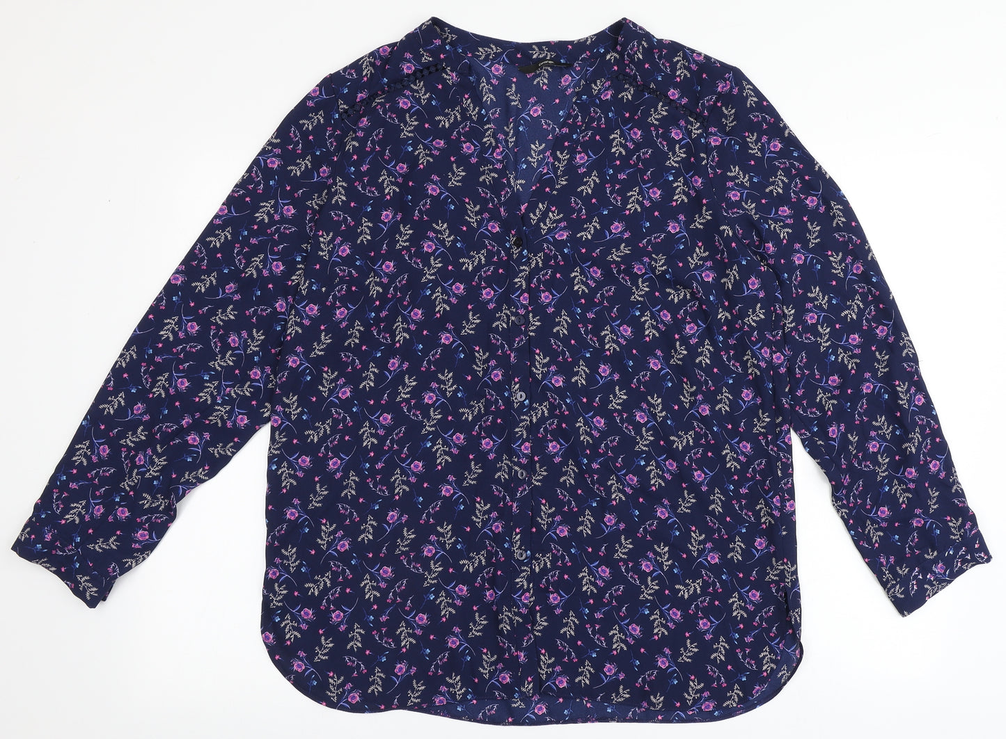 George Womens Blue Floral Polyester Basic Blouse Size 14 V-Neck