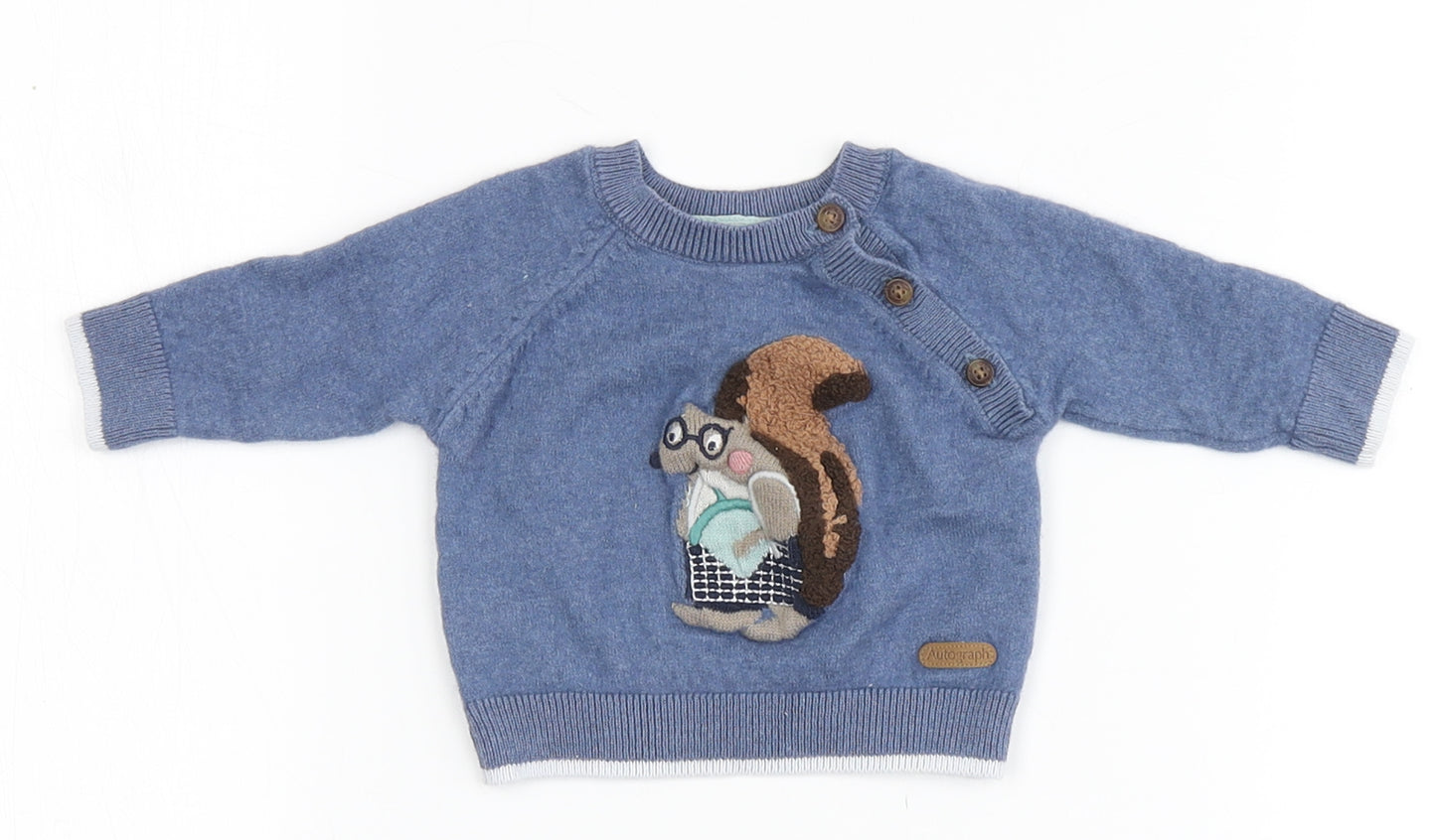 Marks and Spencer Boys Blue  Wool Pullover Jumper Size 3-6 Months   - Squirrel