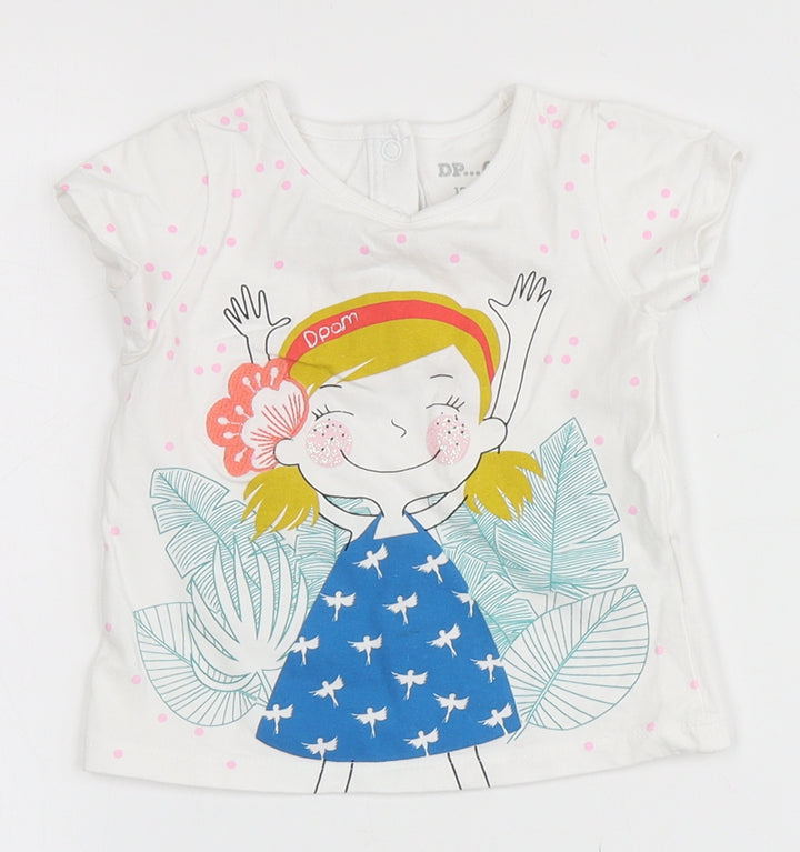 DP... am Girls White Spotted Cotton Pullover T-Shirt Size 9-12 Months Round Neck  - Flowers