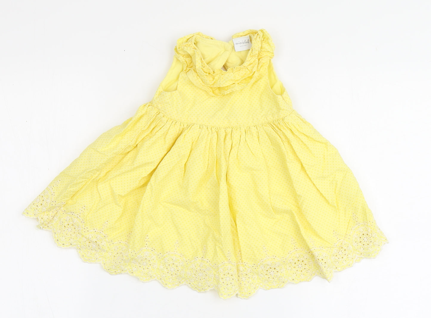 Mini Club Girls Yellow Spotted 100% Cotton Skater Dress  Size 3-6 Months  Round Neck Button