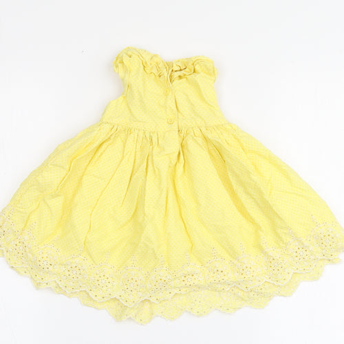 Mini Club Girls Yellow Spotted 100% Cotton Skater Dress  Size 3-6 Months  Round Neck Button