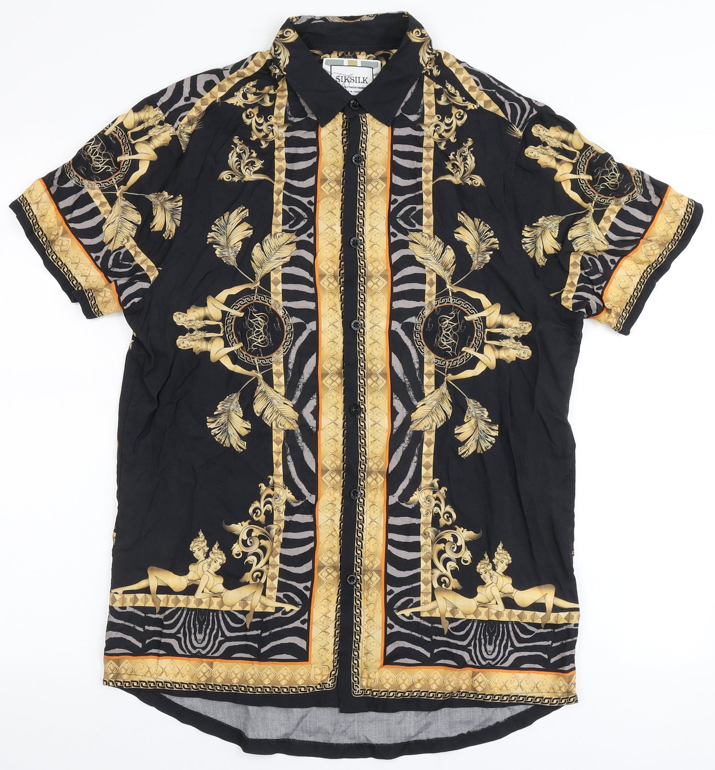 SikSilk Mens Black  Viscose  Button-Up Size S Round Neck