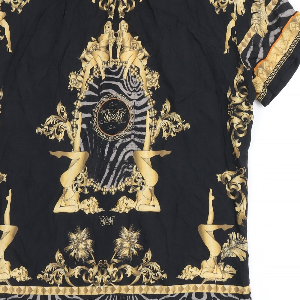 SikSilk Mens Black  Viscose  Button-Up Size S Round Neck