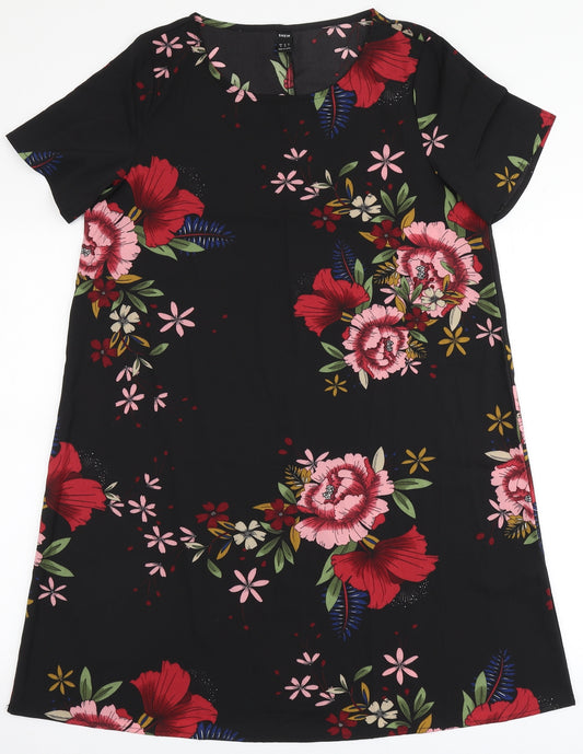 Front view of SHEIN women’s black floral polyester a-line, size M, round neck