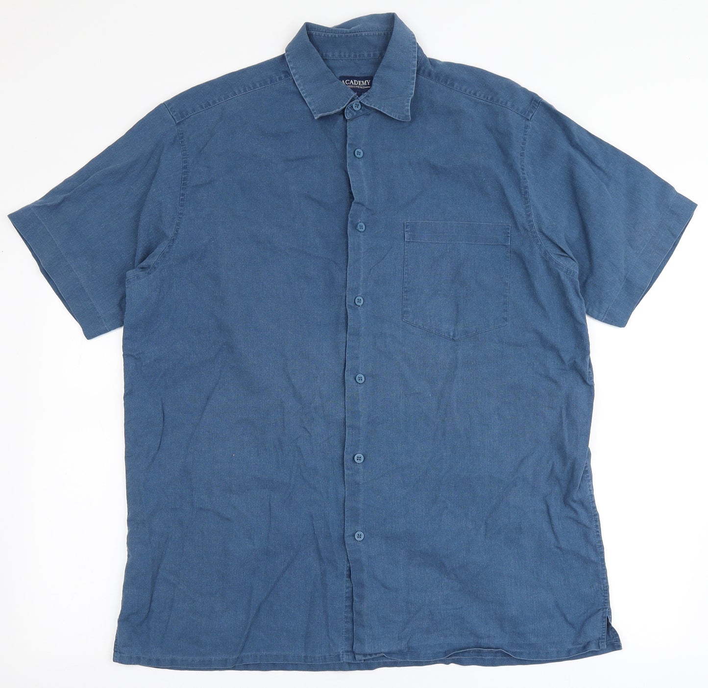 Academy Mens Blue  Linen  Button-Up Size L Round Neck