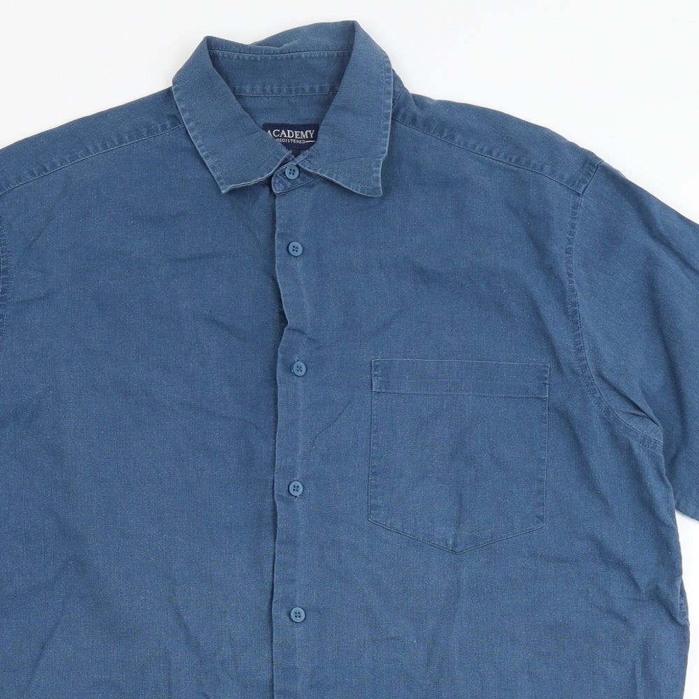 Academy Mens Blue  Linen  Button-Up Size L Round Neck
