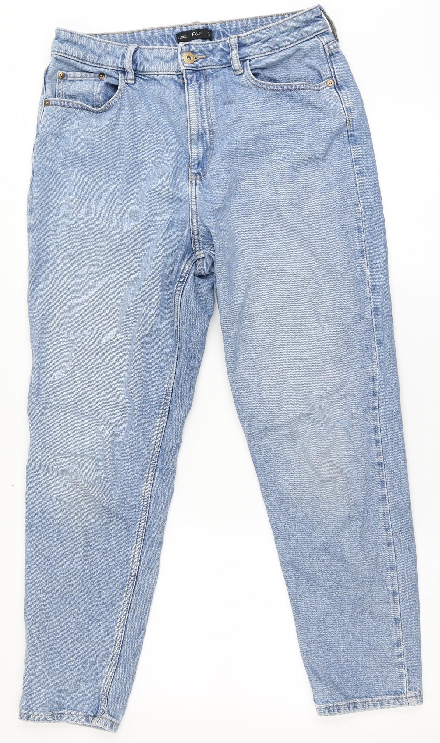F&F Womens Blue  Cotton Straight Jeans Size 12 L26 in Regular Zip