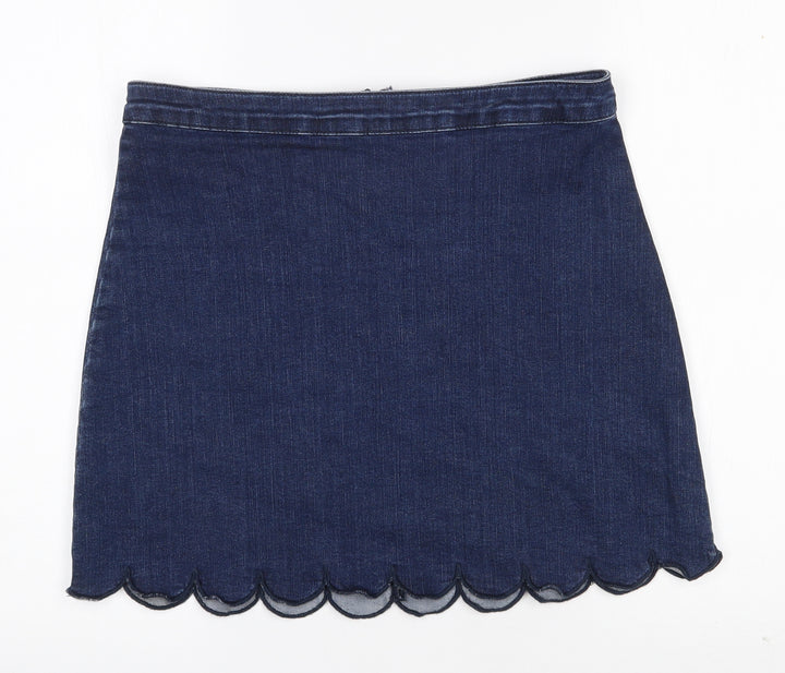 Savida Womens Blue Cotton A-Line Skirt Size 51 in Zip - Scalloped Hem