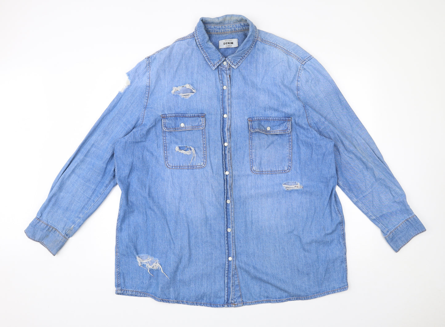 New Look Womens Blue  100% Cotton Basic Button-Up Size 18 Collared - Destressed
