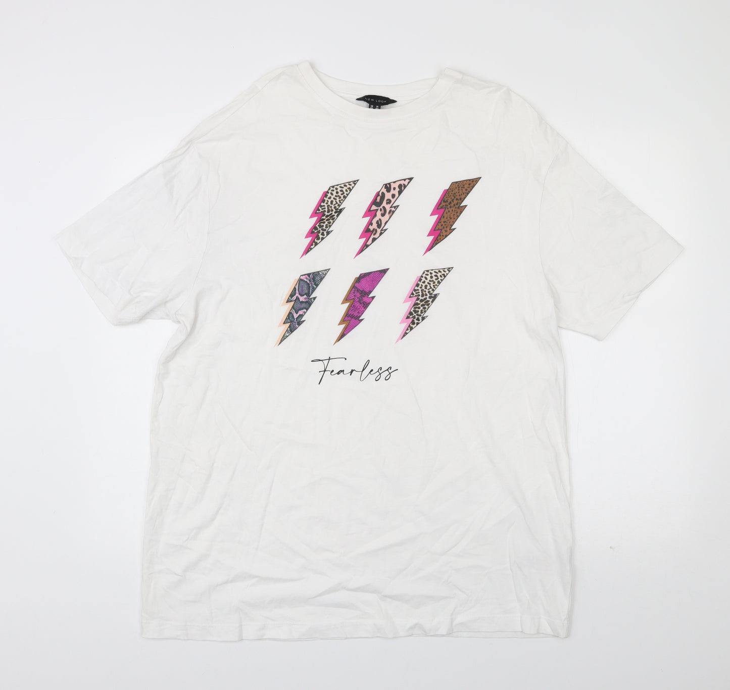 New Look Womens White  100% Cotton Basic T-Shirt Size 14 Round Neck - Lighting Bolts