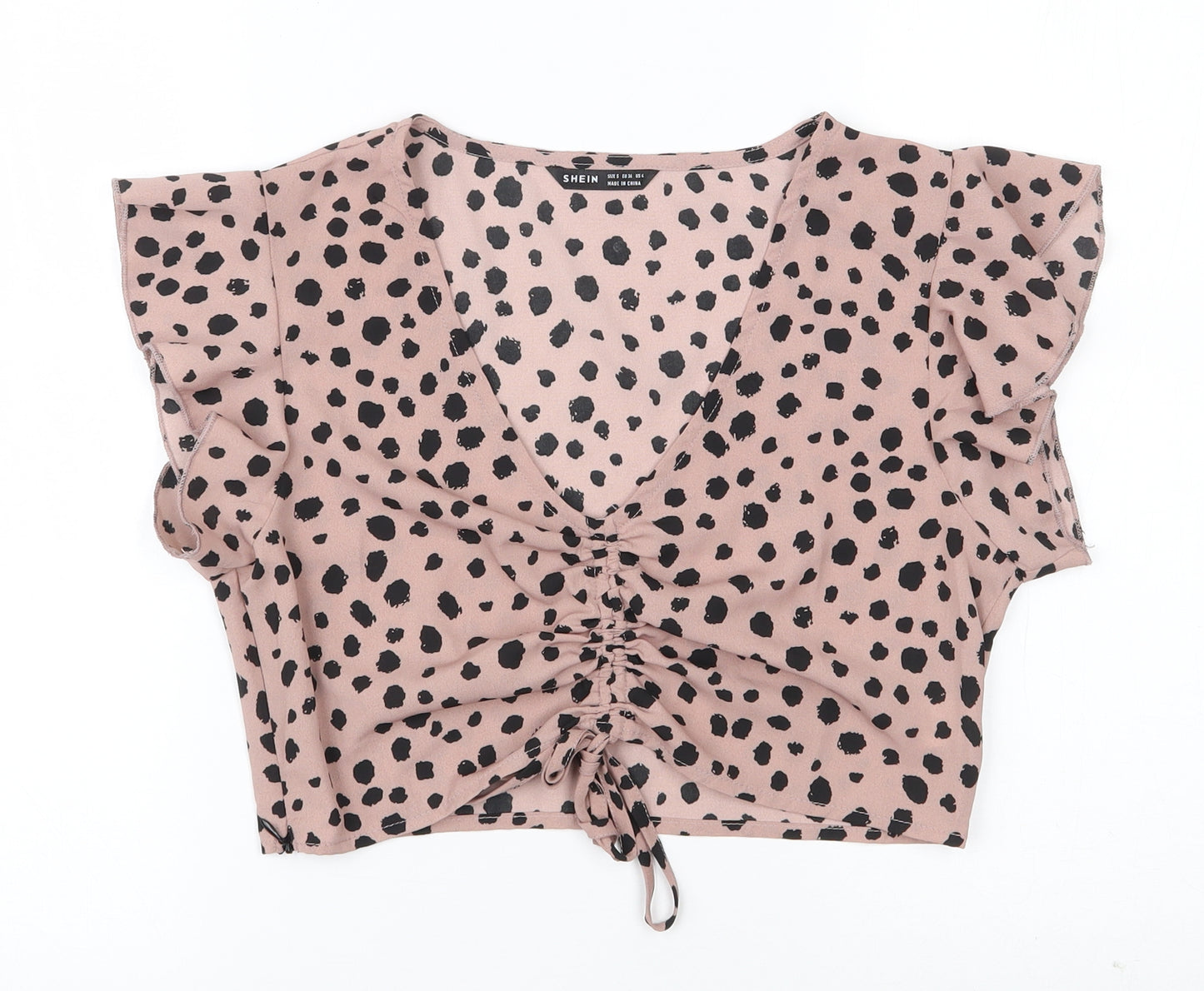 SheIn Womens Pink Animal Print Polyester Cropped Blouse Size S V-Neck
