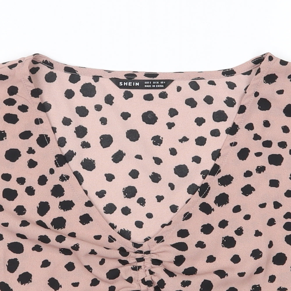 SheIn Womens Pink Animal Print Polyester Cropped Blouse Size S V-Neck
