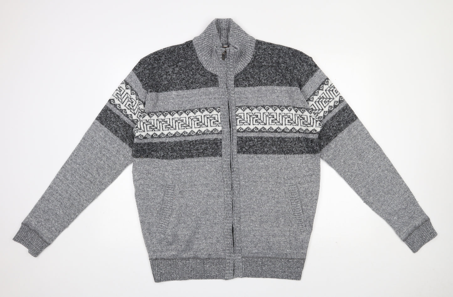 Amparo  Mens Grey High Neck Geometric Polyester Full Zip Jumper Size 3XL