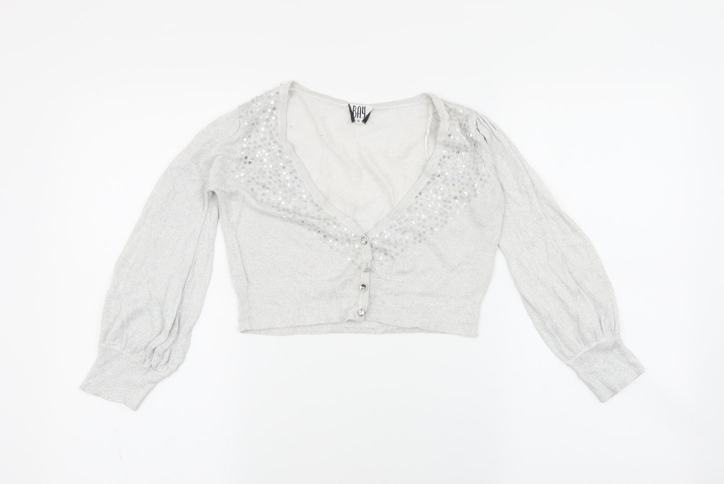 Bay Womens Grey V-Neck  Viscose Cardigan Jumper Size 6   - gem missing in button , cropped