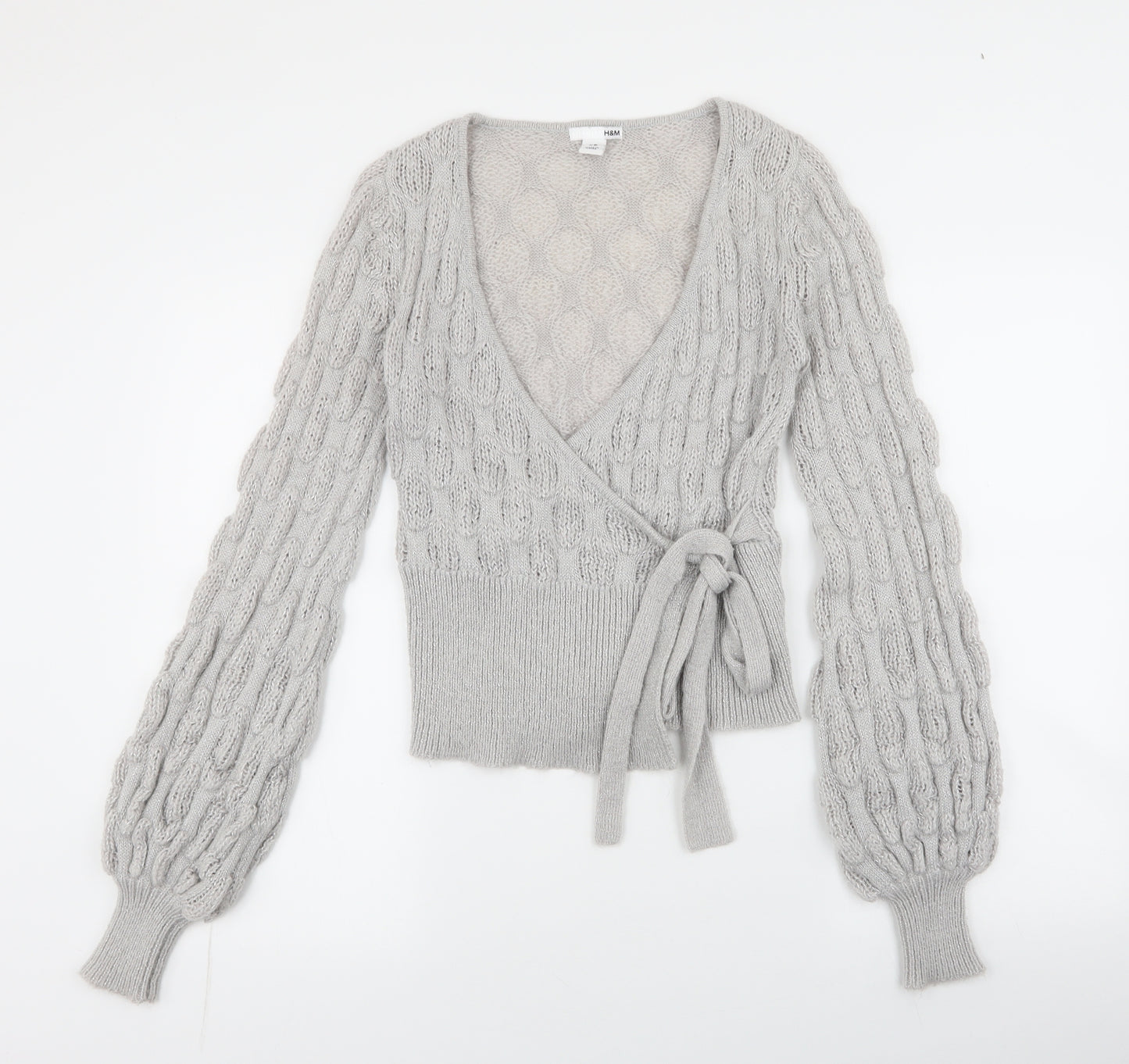H&M Womens Grey V-Neck  Polyamide Cardigan Jumper Size XS   - tie around