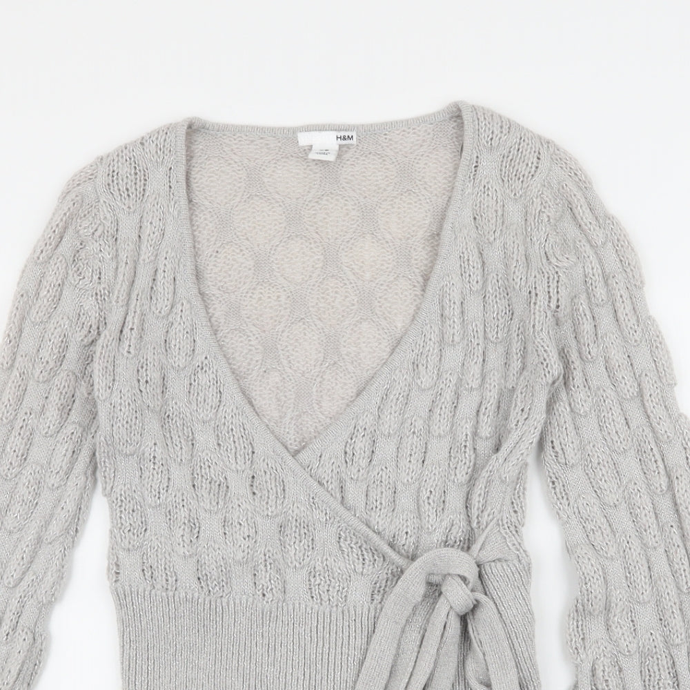 H&M Womens Grey V-Neck  Polyamide Cardigan Jumper Size XS   - tie around