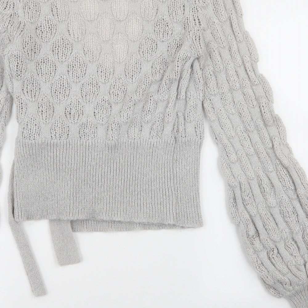 H&M Womens Grey V-Neck  Polyamide Cardigan Jumper Size XS   - tie around