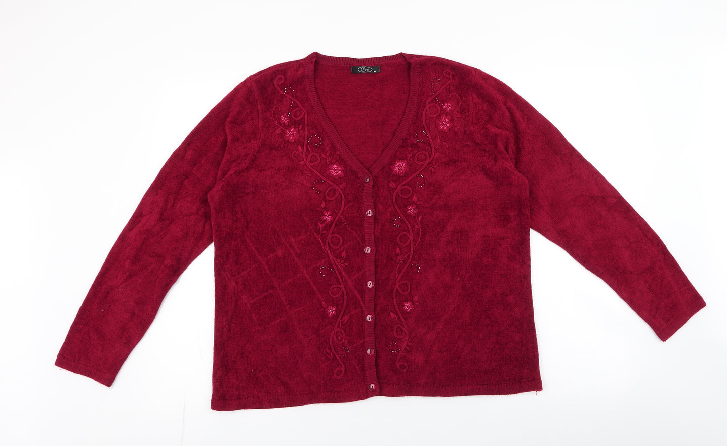 BM Womens Red V-Neck Floral Acrylic Cardigan Jumper Size M
