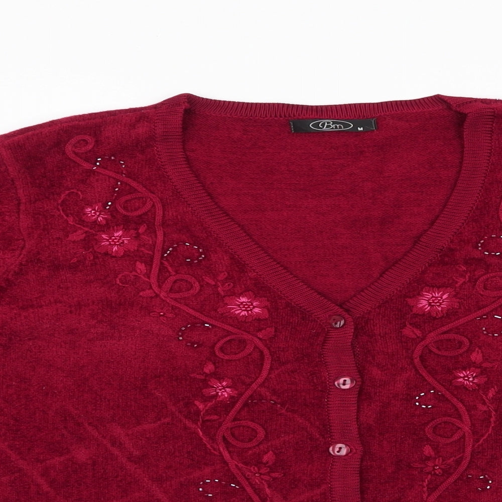 BM Womens Red V-Neck Floral Acrylic Cardigan Jumper Size M