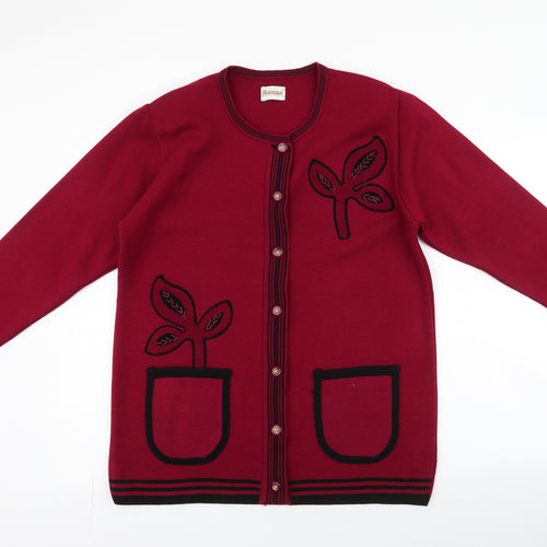Roman Originals Womens Red Round Neck Floral Acrylic Cardigan Jumper Size S