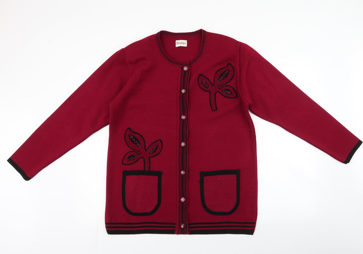 Roman Originals Womens Red Round Neck Floral Acrylic Cardigan Jumper Size S