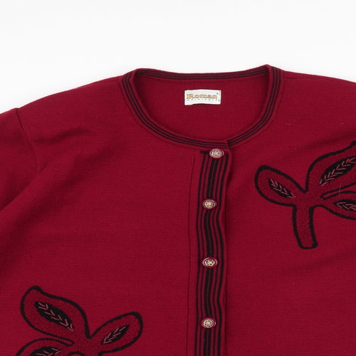 Roman Originals Womens Red Round Neck Floral Acrylic Cardigan Jumper Size S