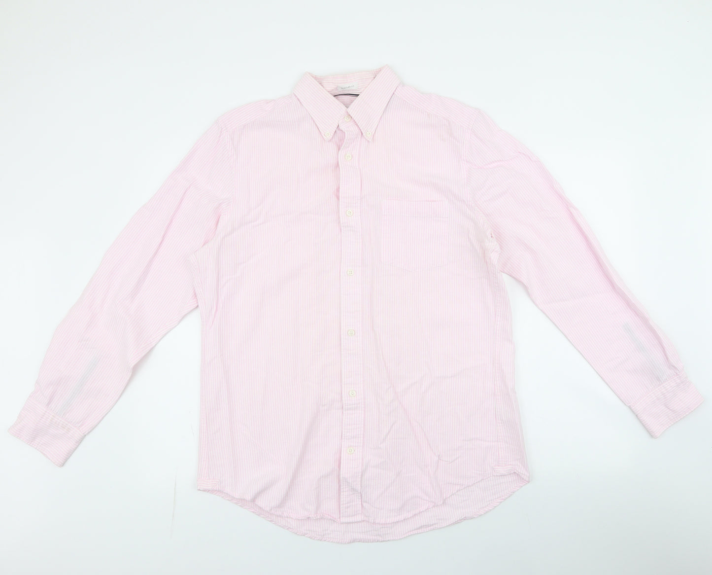 John Lewis Mens Pink Striped Polyester  Button-Up Size L Collared Button