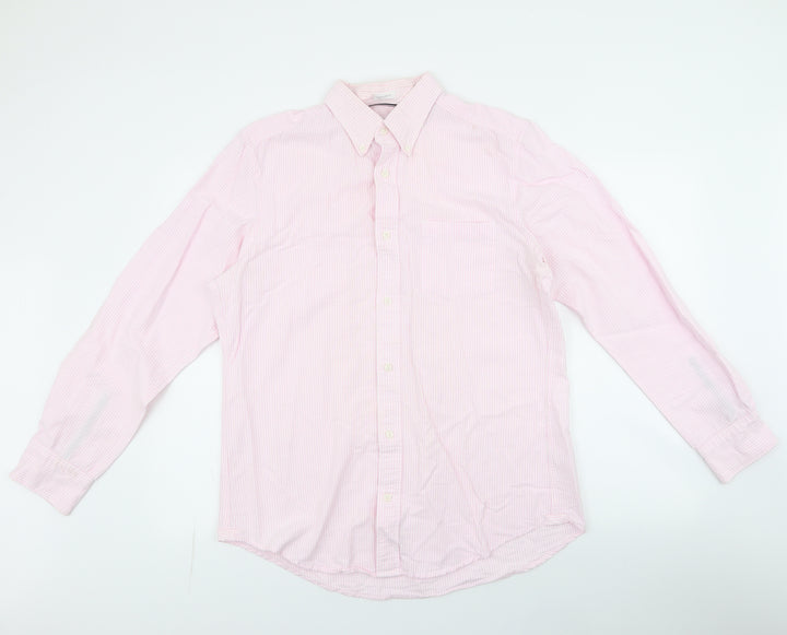 John Lewis Mens Pink Striped Polyester  Button-Up Size L Collared Button