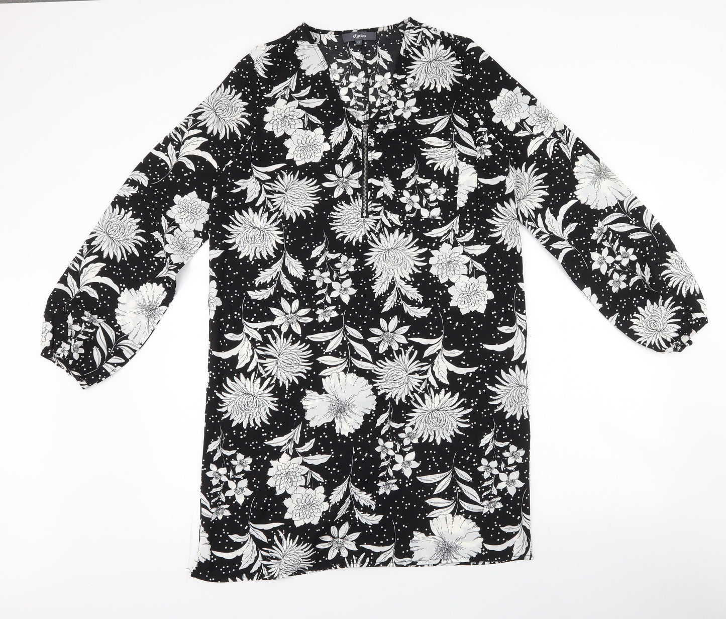 Studio Womens Black Floral Polyester Shirt Dress  Size 12  V-Neck Zip - polka dot