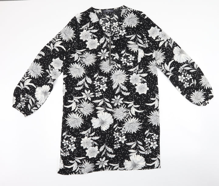 Studio Womens Black Floral Polyester Shirt Dress  Size 12  V-Neck Zip - polka dot