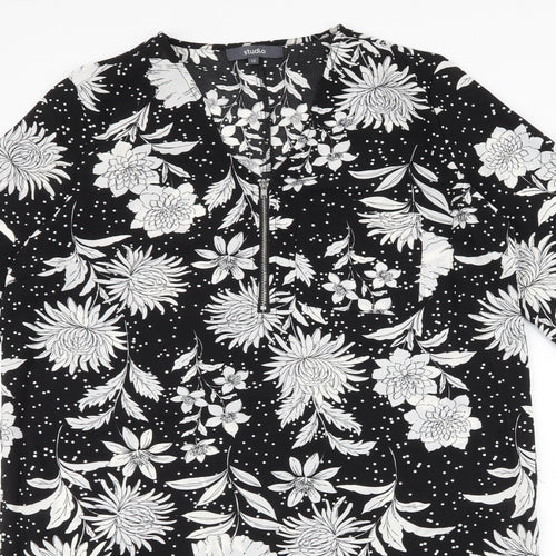 Studio Womens Black Floral Polyester Shirt Dress  Size 12  V-Neck Zip - polka dot