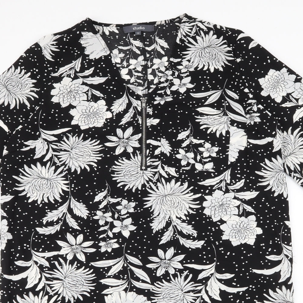 Studio Womens Black Floral Polyester Shirt Dress  Size 12  V-Neck Zip - polka dot