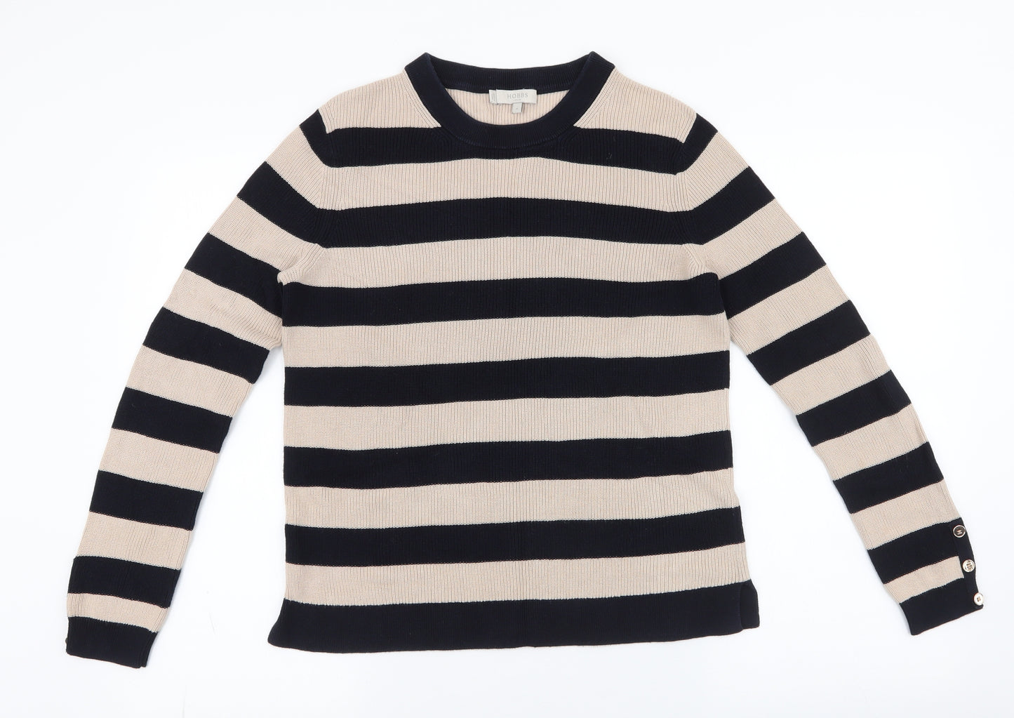 Hobbs Womens Black Round Neck Striped Polyester Pullover Jumper Size M   - Button Sleeve Detail