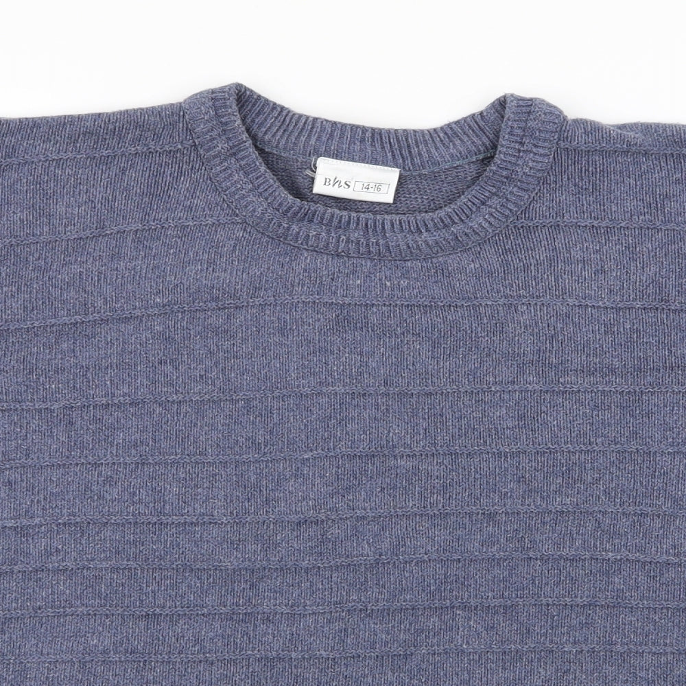 BHS Womens Blue Striped Cotton Basic T-Shirt Size 14 Round Neck