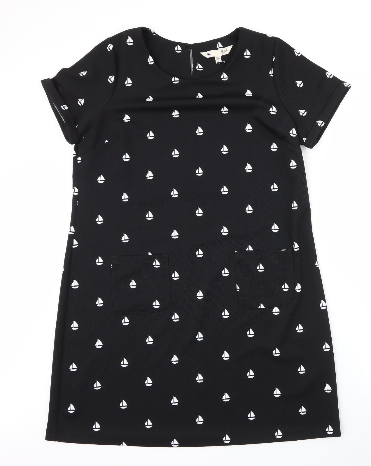 Yumi Womens Black Geometric Polyester Shift  Size 16  Round Neck Button - boat