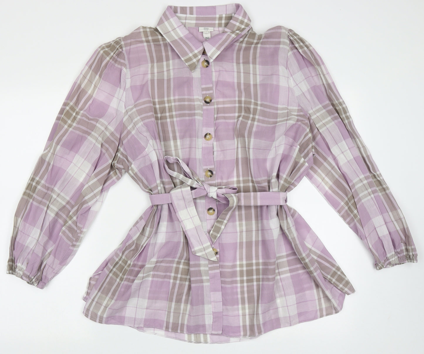 River Island Womens Purple Check Cotton Tunic Button-Up Size 20 Collared