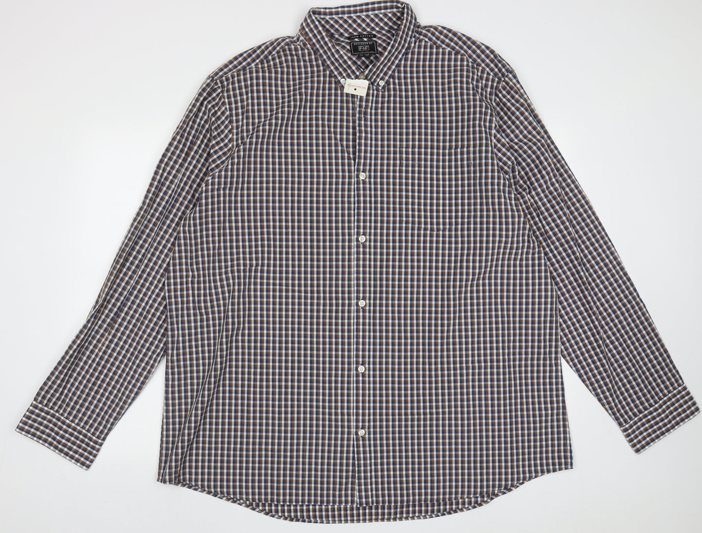 F&F Mens Brown Check Cotton  Button-Up Size 3XL Collared Button
