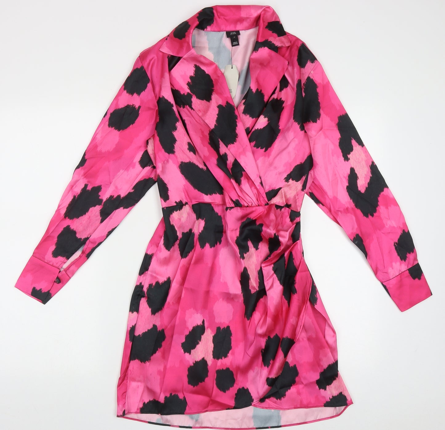River Island Womens Pink Animal Print Polyester Shirt Dress  Size 10  Collared Pullover