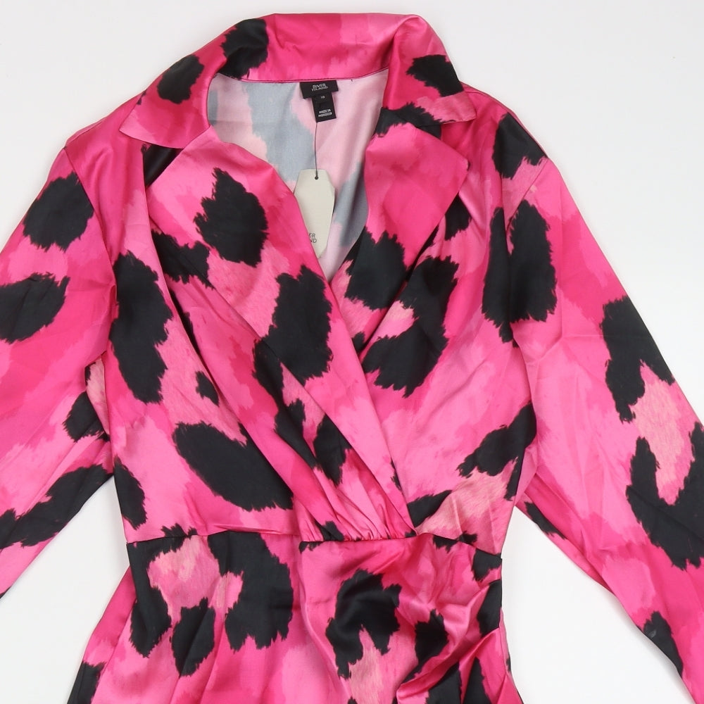 River Island Womens Pink Animal Print Polyester Shirt Dress  Size 10  Collared Pullover