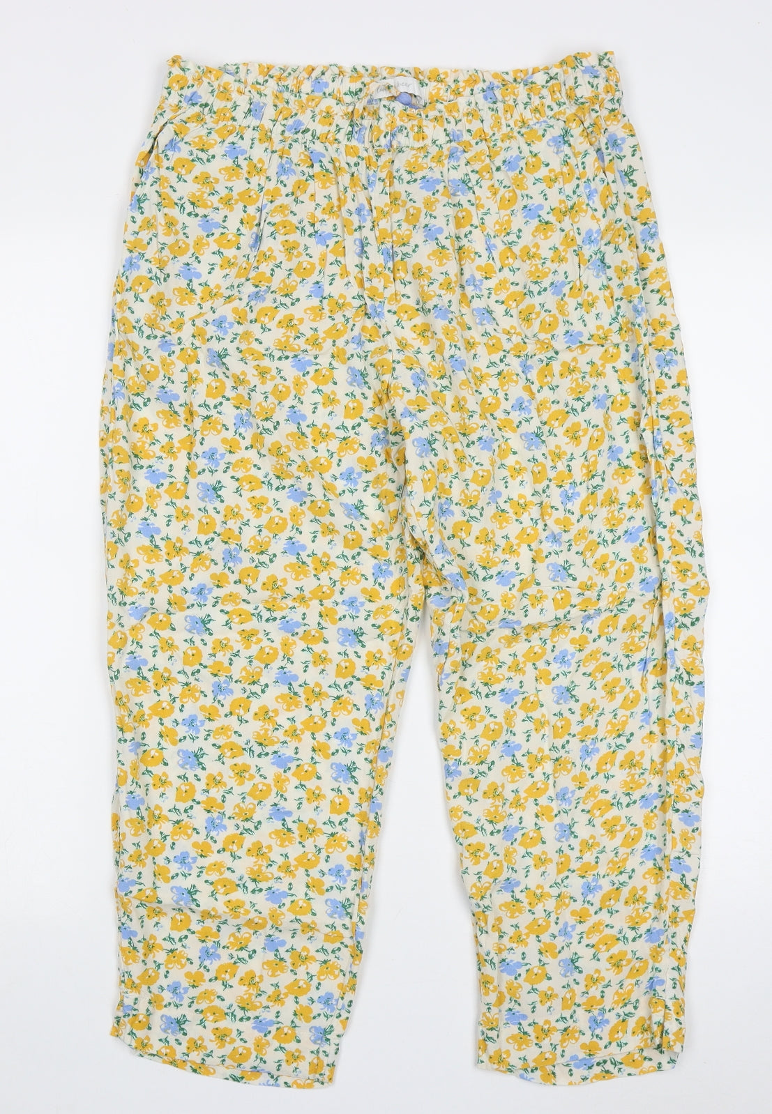 Marks and Spencer Womens Yellow Floral Viscose Cropped Trousers Size 16 L22 in Regular Tie