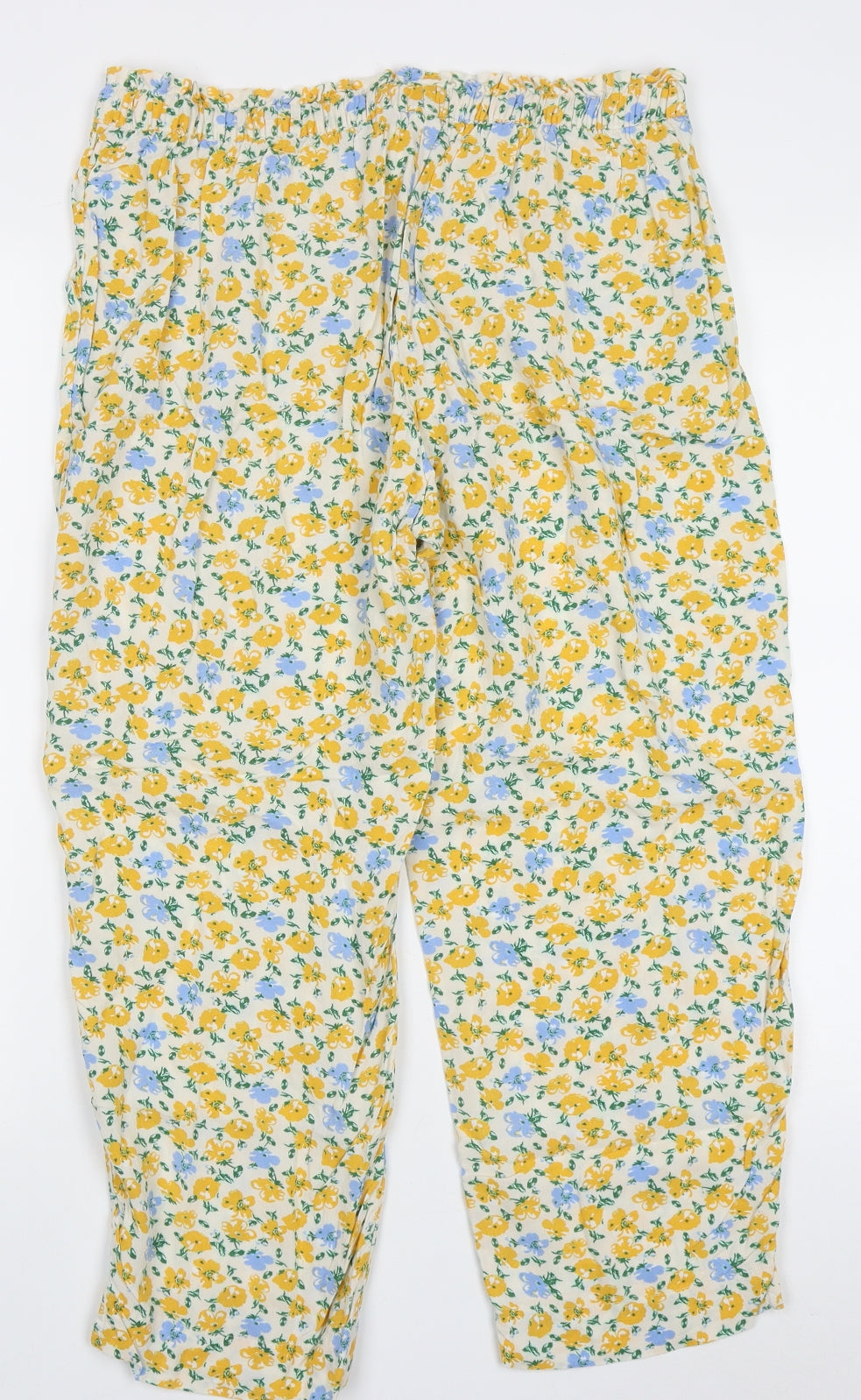 Marks and Spencer Womens Yellow Floral Viscose Cropped Trousers Size 16 L22 in Regular Tie