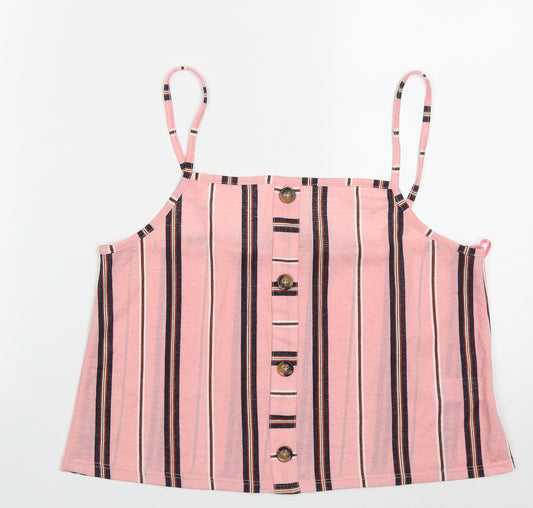 Front view of Primark women’s pink striped polyester cropped tank, size UK 12, square neck