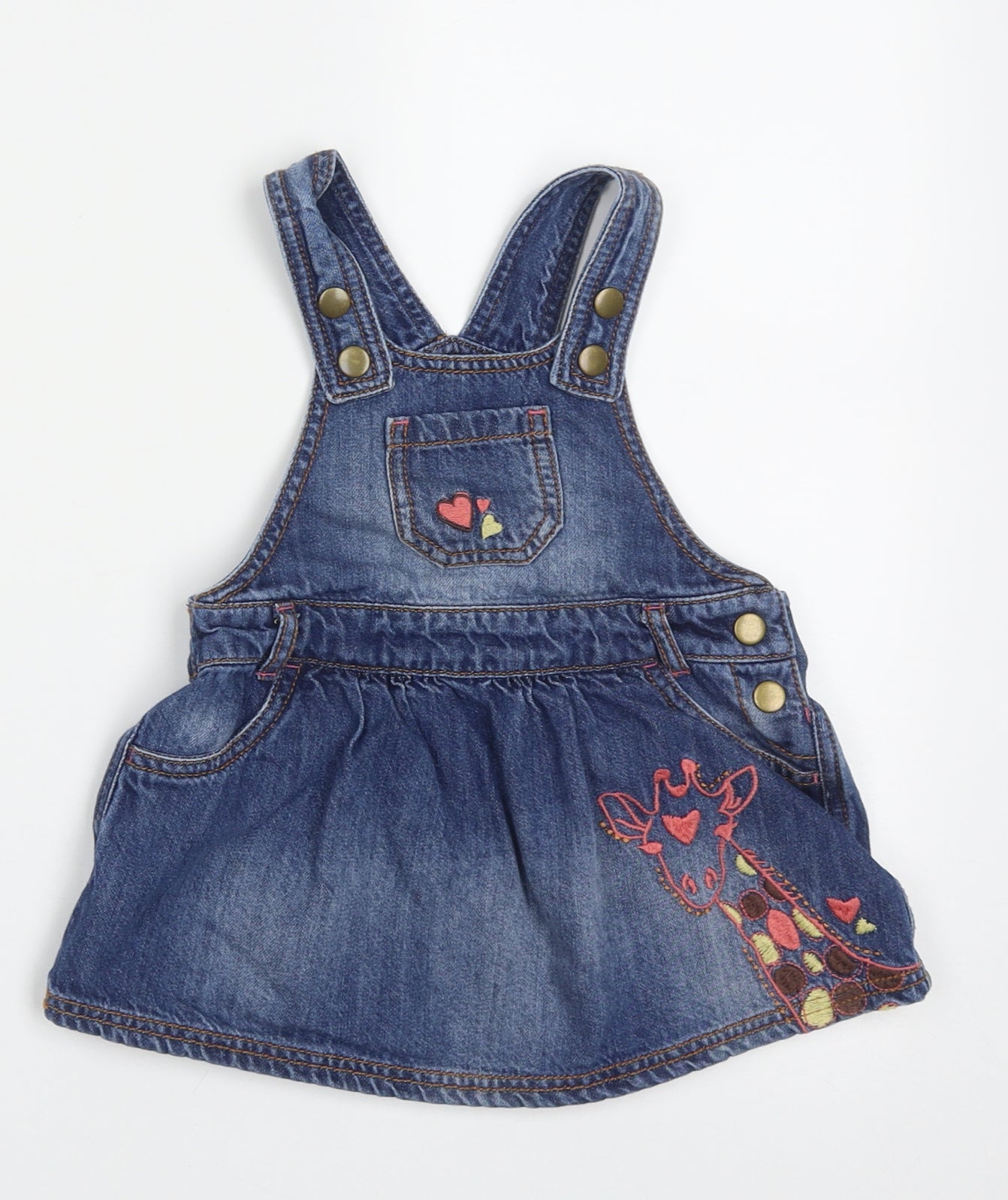 F&F Girls Blue  Cotton Pinafore/Dungaree Dress  Size 12-18 Months  Square Neck Button - Giraffe