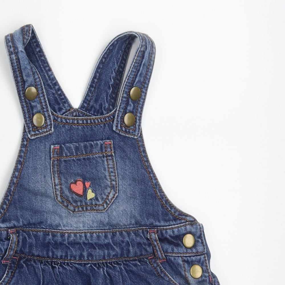 F&F Girls Blue  Cotton Pinafore/Dungaree Dress  Size 12-18 Months  Square Neck Button - Giraffe