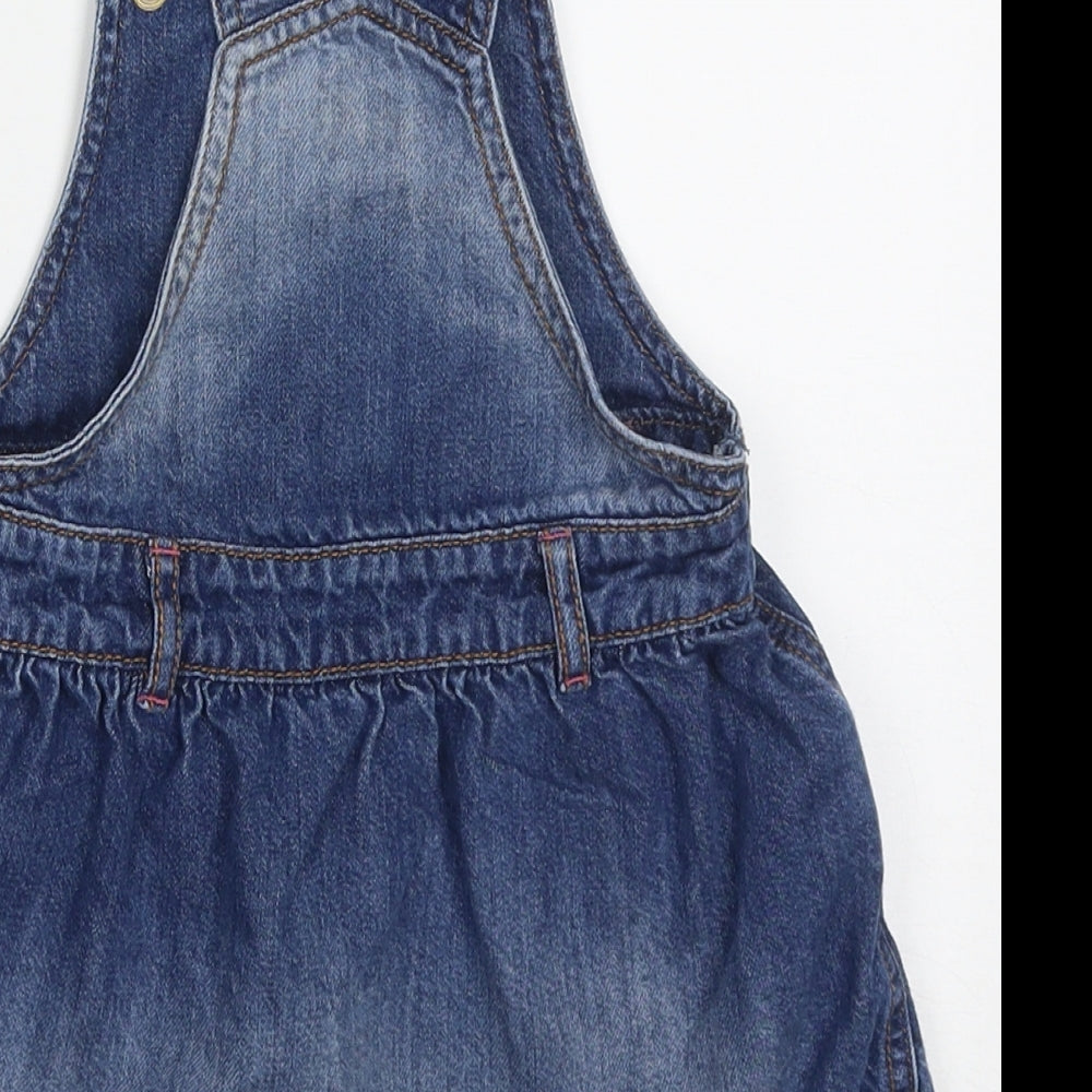 F&F Girls Blue  Cotton Pinafore/Dungaree Dress  Size 12-18 Months  Square Neck Button - Giraffe