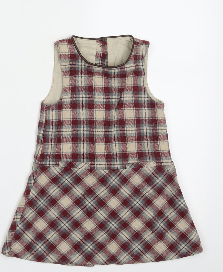 Dunnes Stores Girls Red Check Cotton A-Line Size 2-3 Years Crew Neck Button