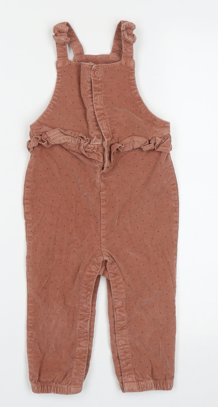 Dunnes Stores Girls Brown Polka Dot Cotton Dungaree One-Piece Size 18-24 Months  Button