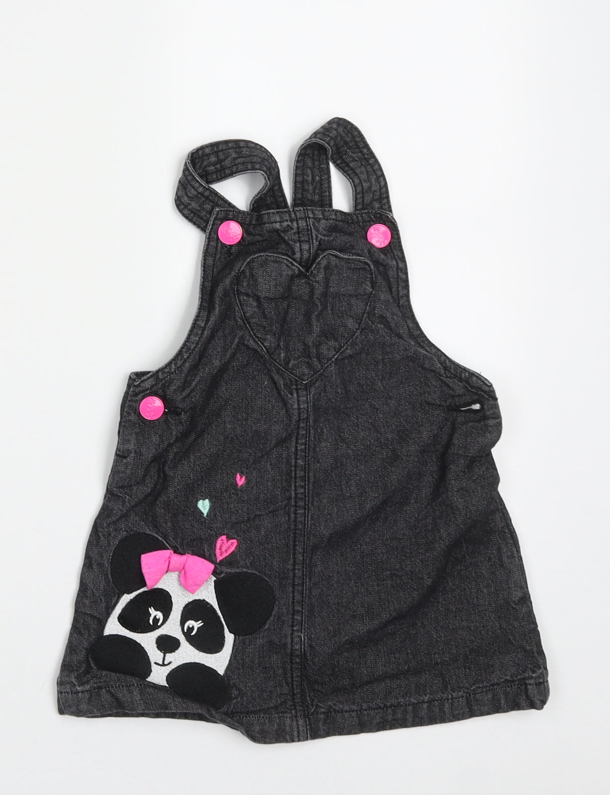 Dunnes Stores Girls Black  Cotton Pinafore/Dungaree Dress  Size 12-18 Months  Square Neck Button - panda