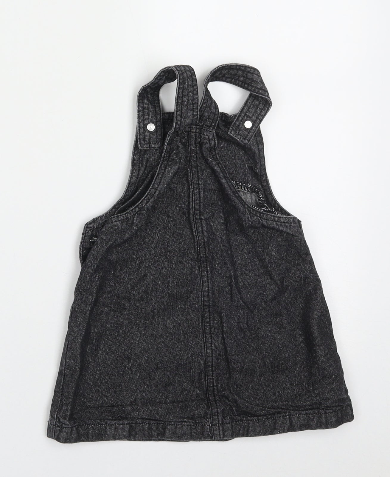 Dunnes Stores Girls Black  Cotton Pinafore/Dungaree Dress  Size 12-18 Months  Square Neck Button - panda