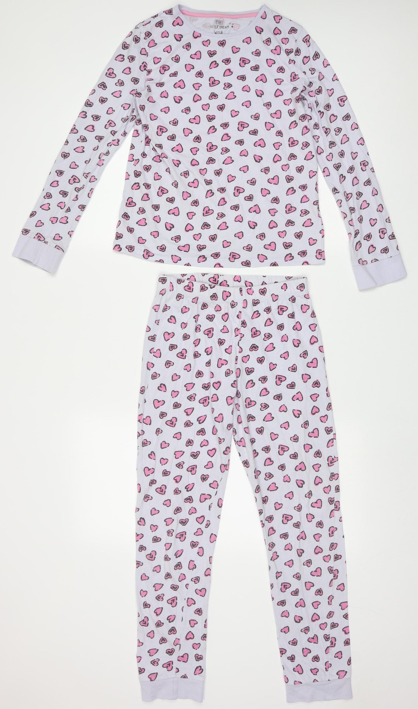F&F Girls Purple Geometric Cotton Cami Pyjama Set Size 11-12 Years  Pullover - heart pattern